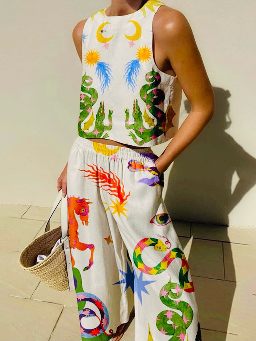 Wide Leg Printed Cotton Pants - White Multi